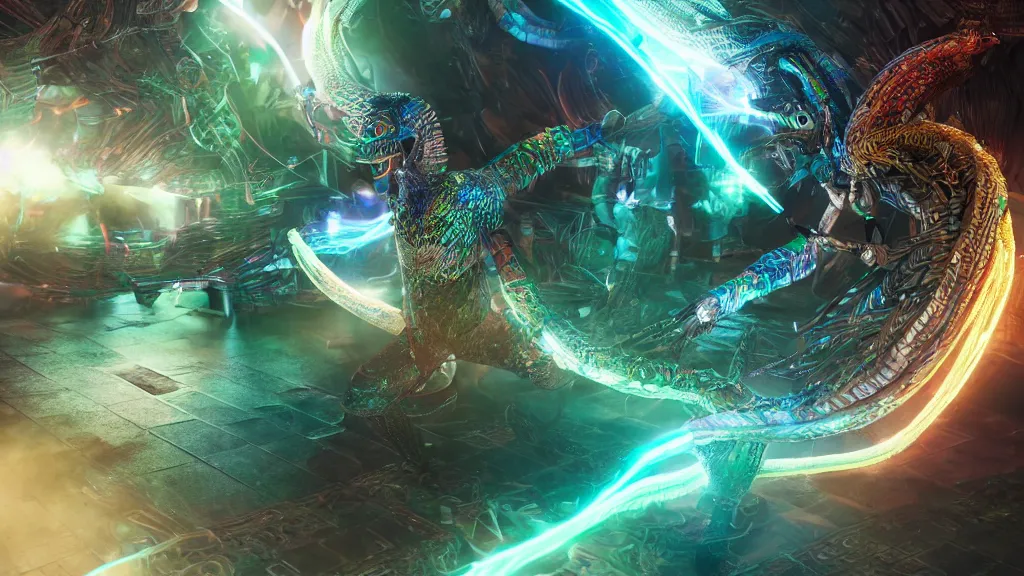 Image similar to photo of quetzalcoatl iridescent humanoid deity fighting against the machines, fantasy cinematic lighting, photorealistic, octane render 8 k depth of field 3 d