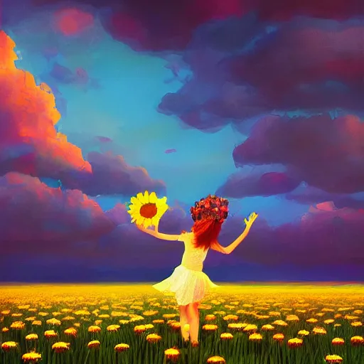 Image similar to giant daisy flower as head, girl dancing in a flower field, surreal photography, sunrise, dramatic light, impressionist painting, colorful clouds, digital painting, artstation, simon stalenhag