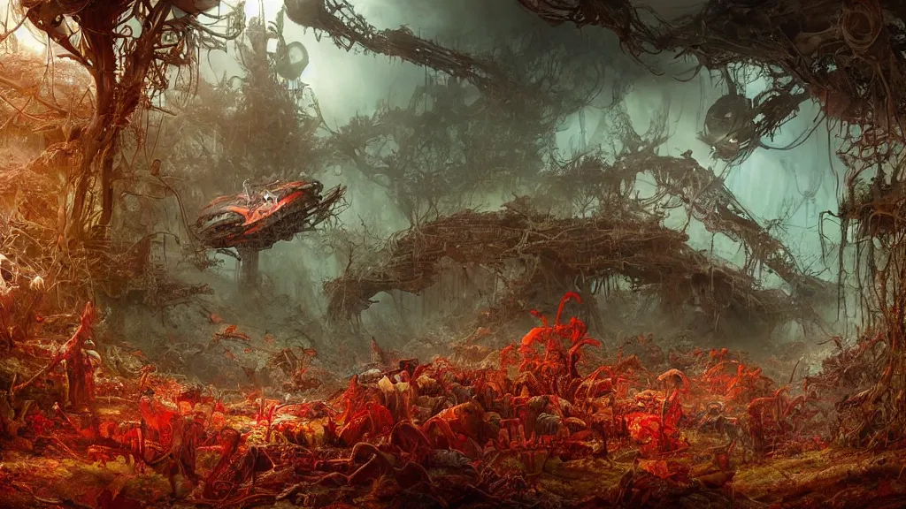 Image similar to dramatic Photorealistic dramatic Matte painting,Looking through deep inside an Alien planets dense red forest,a gigantic crashed derelict spaceship where a lone astronaut in a white spacesuit with lights is exploring outside,hundreds of tall gigantic monster carnivorous Red Venus Flytrap plants and glowing bulbs,translucent wet and slimy plant life by Greg Rutkowski,Craig Mullins,Fenghua Zhong,a misty haze,Beautiful dramatic moody nighttime lighting,Cinematic Atmosphere, Volumetric Lighting,Terragen,Octane Render,8k