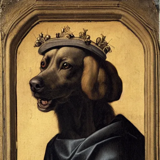 Image similar to a renaissance style portrait painting of an animal, wearing a crown and cape, dark background