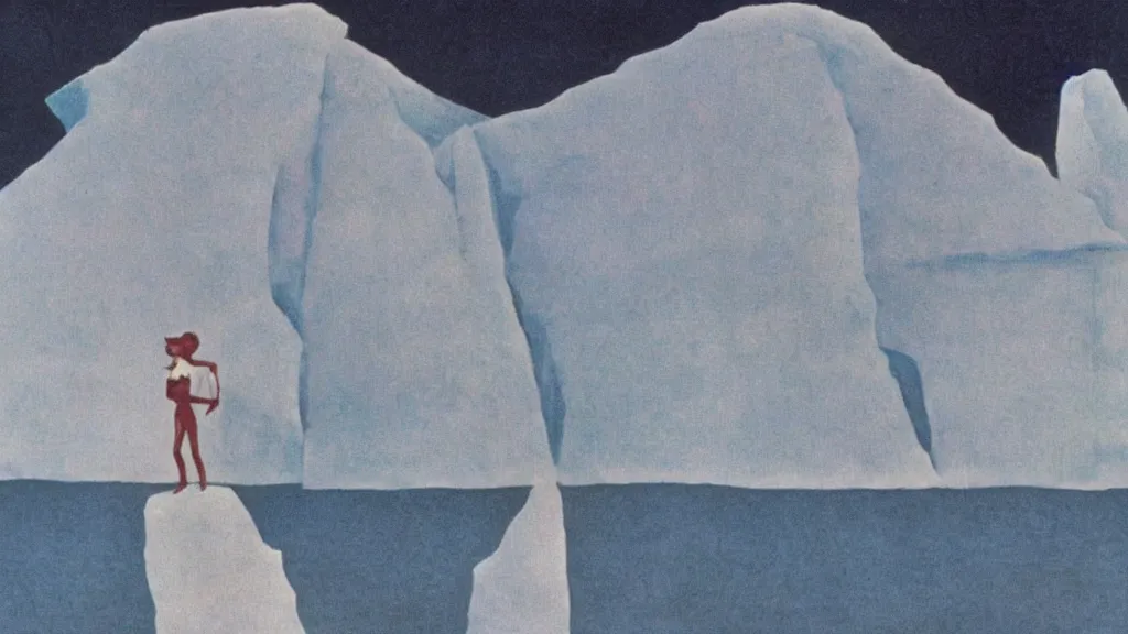 Image similar to A vintage scientific illustration from the 1970s of a choreography for people are frozen in an iceberg René Magritte