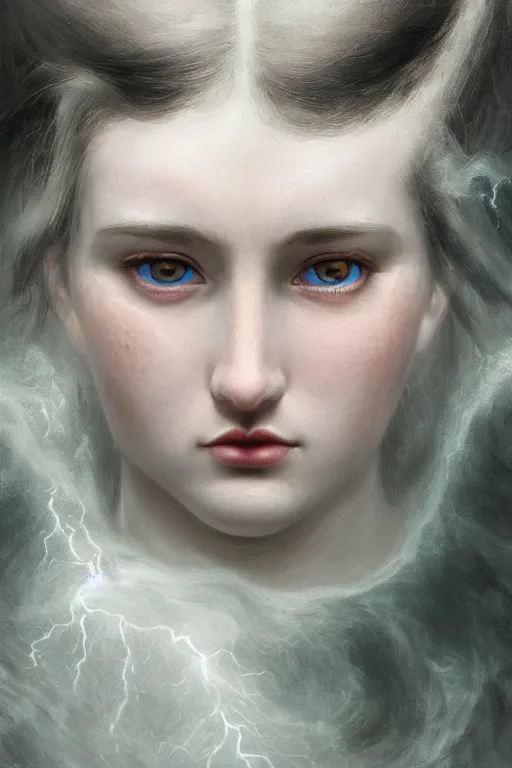 Image similar to young woman's face breaking the waters surface, long black hair, pale skin, symmetrical face, photorealism, 4k, highly detailed, smooth render, dramatic lightning, by Millais,