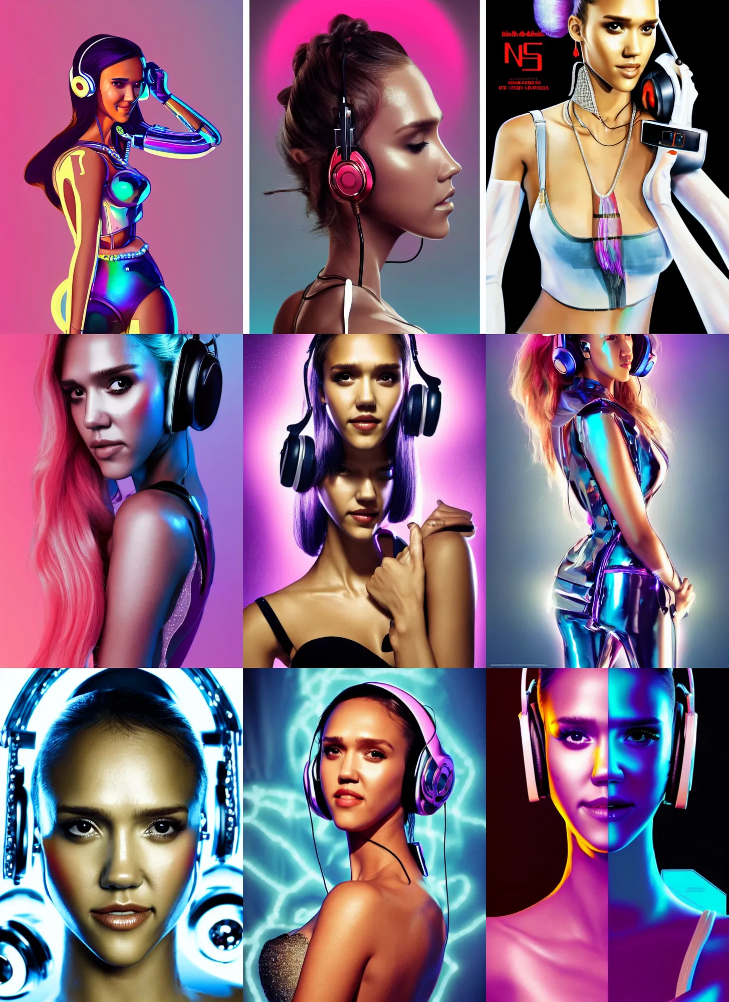 Prompt: BOTS movie poster body portrait fashion pose of Jessica alba :: as a pearlescent college teen cyborg on display at a high-end fashion store :: artsy dramatic photoshoot, hair worn up, elaborate earrings, headphones, wild rave outfit, :: trending on artstation, cinematic lighting, anime girl, ue5, sci-fi, :: rossdraws, nixri, Greg rutkowski, ::