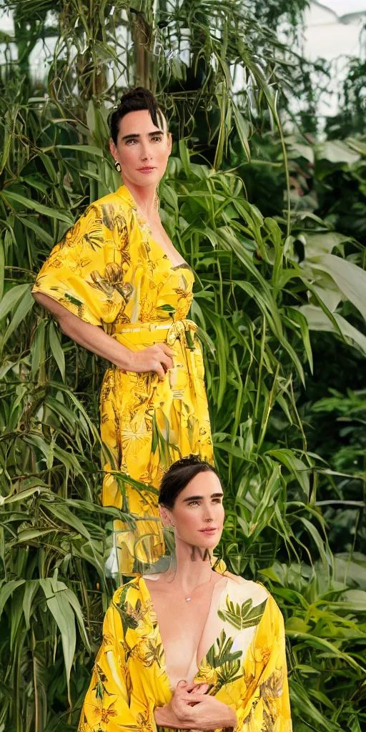 Prompt: Large format Portrait of Jennifer Connelly wearing a yellow kimono in a tropical greenhouse with a very detailed barn owl on her shoulder, medium format camera, 85mm f1.8, bokeh, sharp focus, detailed, centered, Fashion shoot 8k, dreamy, elegant