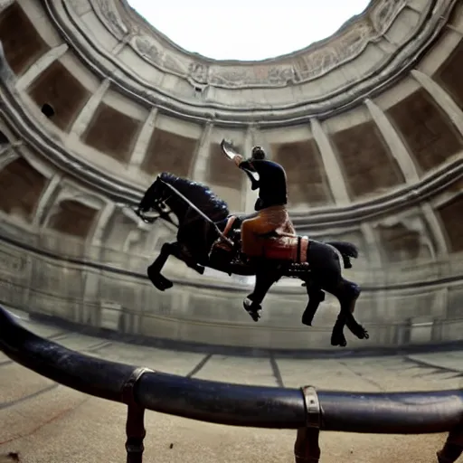 Image similar to roman horsedrawn chariot racer jumping high on half pipe, fish eye, tony hawk, video game