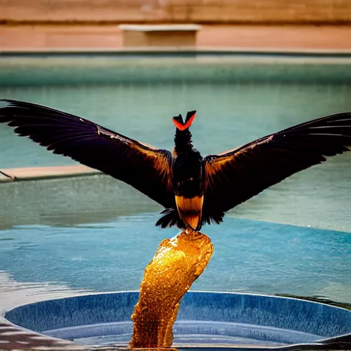 Prompt: a wide - angle national geographic award winning analog photograph, high resolution of a flying hornbill bird flying over a pool of golden melting honey