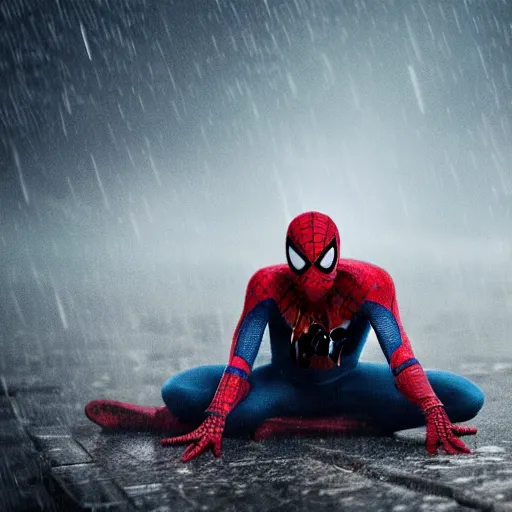 Image similar to Spiderman standing under rain with,mellow , dramatic, sad ambience. Heroic scene , 4k