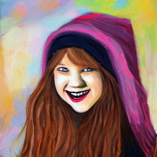 Image similar to painting of a emo girl with a eerily large smile, showing teeth, beanie, impressionist style