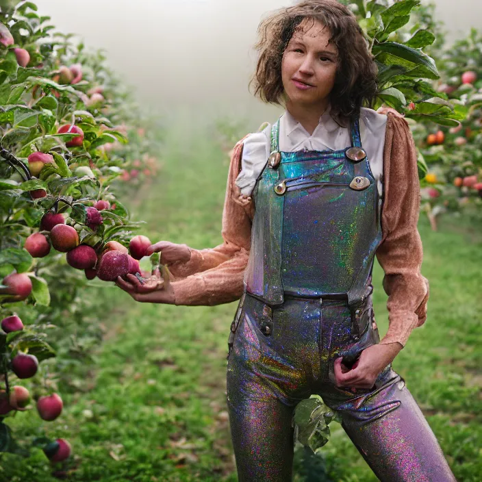 Image similar to a closeup portrait of a woman wearing a muddy iridescent holographic lederhosen, picking apples from a tree in an orchard, foggy, moody, photograph, by vincent desiderio, canon eos c 3 0 0, ƒ 1. 8, 3 5 mm, 8 k, medium - format print