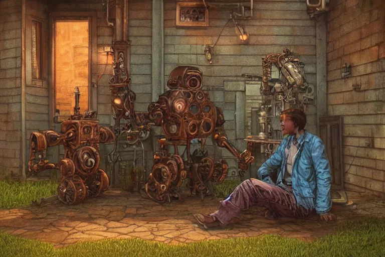 Image similar to close up of a big old rusty robot and a boy sitting and talking to each other on the porch of an old house, steampunk, neo goth, by jean giraud!!!, by artgerm, by greg rutkowski, by brian froud, by beksinski, octane render, hd, evening mood, dynamic lighting