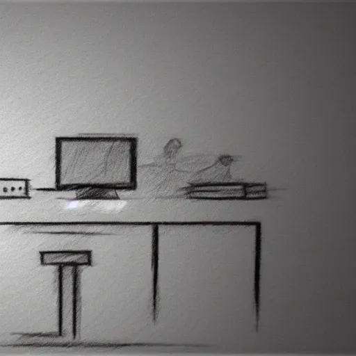 Image similar to a website designer sat in front of a computer desk pencil sketch