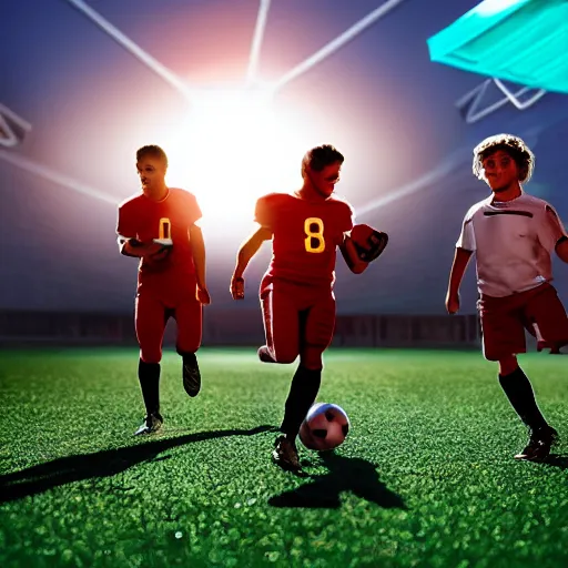 Prompt: 3 Football players play soccer with sun on the space soccer field, heroic, cinematic lighting