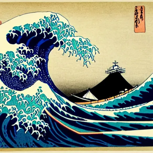 Prompt: Palace by the sea with crashing waves, style of Hokusai