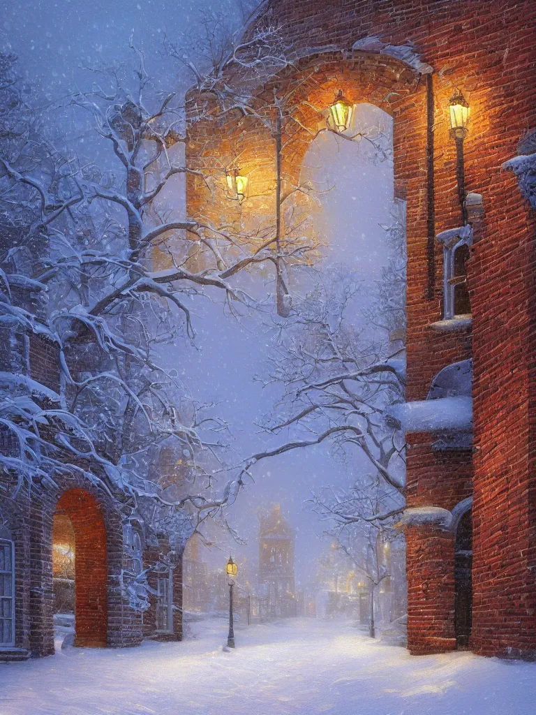 Prompt: beautiful digital painting of a brick archway and cobblestone path in the snow in the evening by Evgeny Lushpin and Thomas Kinkade