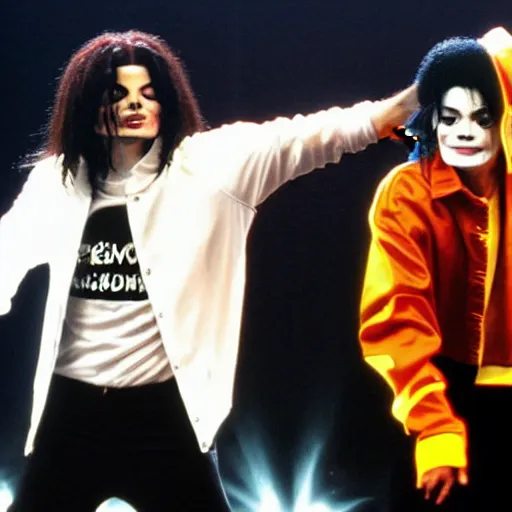 Image similar to kevin smith and michael jackson performing together at the standup show, realistic photo, 8k, light falling on the stage, highly detailed, hyperrealistic, very detailed