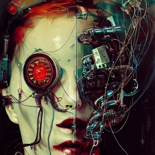 Image similar to shannyn sossamon as a cyberpunk hacker, wires cybernetic implants, in the style of adrian ghenie, esao andrews, jenny saville, surrealism, dark art by james jean, takato yamamoto