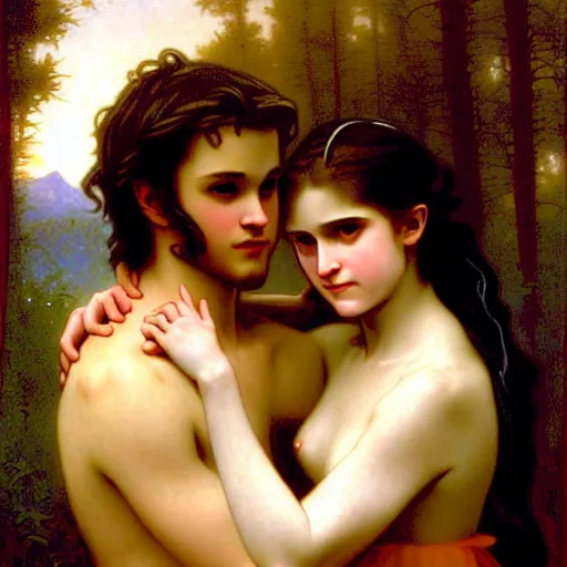 Image similar to twilight version of stranger things, portrait of edward and bella by william - adolphe bouguereau in the style of gaston bussiere, art nouveau