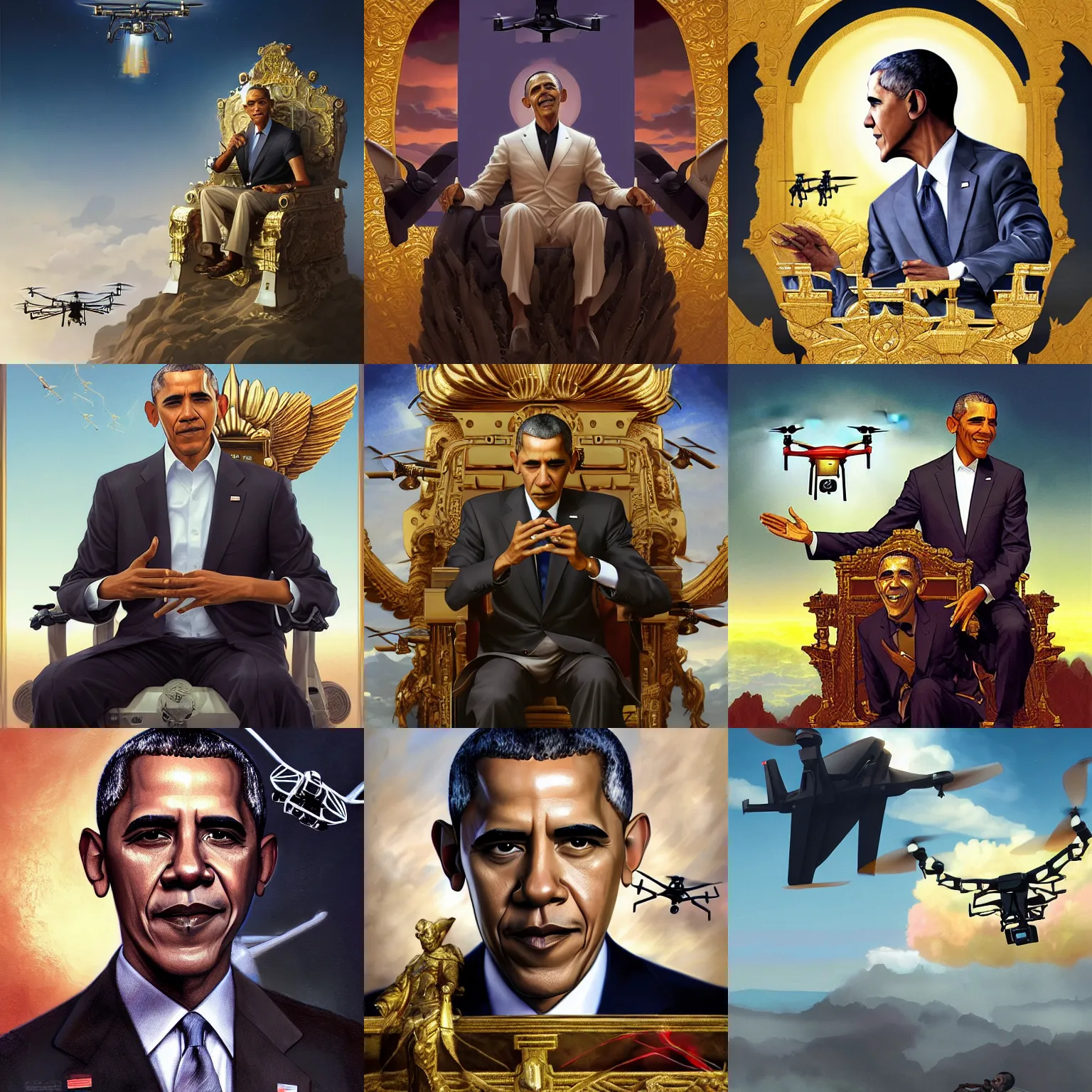 Prompt: digital illustration of Barack Obama (played by Barack Obama) The Drone King sitting in the sky on a golden throne with an MQ-1 Predator Drone (military) flying out from overhead, intricate details, By Ruan Jia and Stanley Artgerm, Range Murata and WLOP and Ross Tran and William-Adolphe Bouguereau. Key Art. Fantasy Illustration. award winning, Artstation, smooth, Hyperdetailed, 8k resolution.