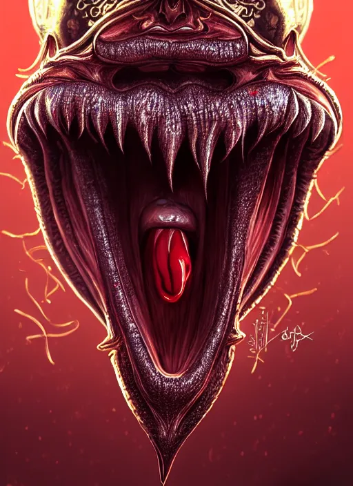 Image similar to naughty devil sticking out tongue, realistic, surealism, lavish, steep, aesthetic, extravagant, shiny, fantasy, intricate, elegant, extremely higly detailed, digital painting, artstation, ornate, grotesque, baroque, concept art, smooth, sharp focus, full body focus, street wear digital art