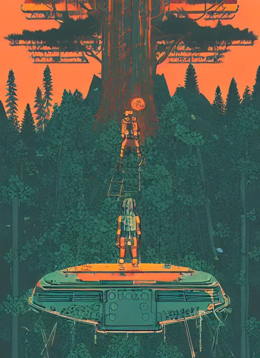 Prompt: an indie game poster of a translucent cyberpunk explorer meditating on an ancient platform in the middle of a dense forest, midnight, risograph by laurie greasley, kawase hasui, josan gonzalez, ghostshrimp, moebius, colourful flat surreal design, in the style of oxenfree, super detailed, a lot of tiny details