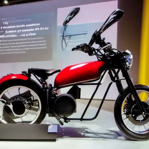 Prompt: a tesla motorcycle, prototype demo at the hall of science