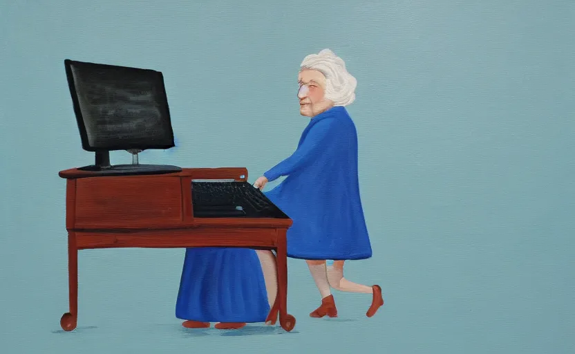 Prompt: a painting of an old woman walking across the keyboard of a giant laptop, high quality, smooth, blue period