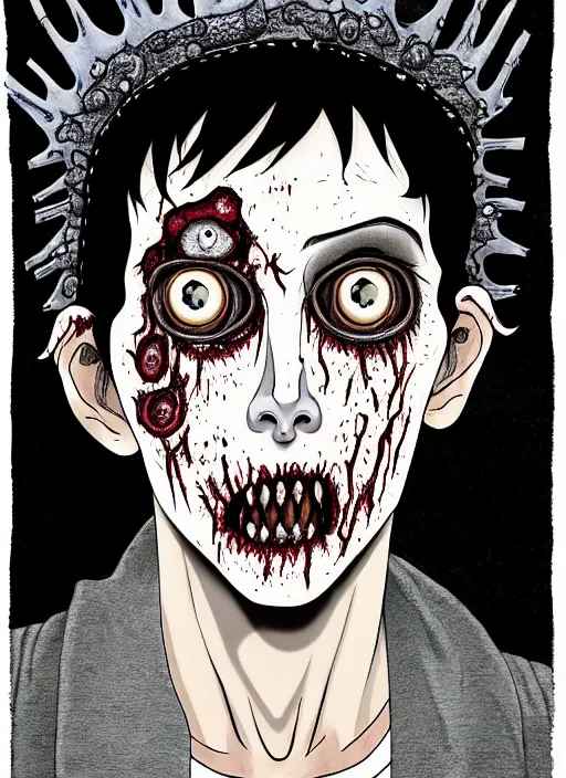 Image similar to junji ito style portrait of zombie teenage jughead jones wearing a light grey crown, photorealistic, zombie, crown, rotting skin, blind eyes, white eyes, crown, black hair, intricate, highly detailed, illustration, art by junji ito