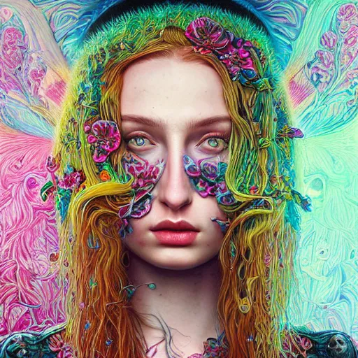 Image similar to portrait of sophie turner, hyper detailed masterpiece, neon floral pattern, jean giraud, digital art painting, darkwave goth aesthetic, psychedelic, artgerm, donato giancola and tom bagshaw