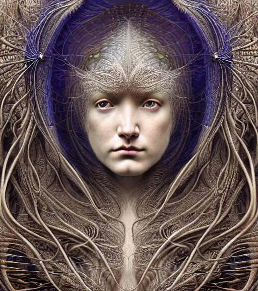 Prompt: detailed realistic beautiful thunder goddess face portrait by jean delville, gustave dore, iris van herpen and marco mazzoni, art forms of nature by ernst haeckel, art nouveau, symbolist, visionary, gothic, neo - gothic, pre - raphaelite, fractal lace, intricate alien botanicals, ai biodiversity, surreality, hyperdetailed ultrasharp octane render