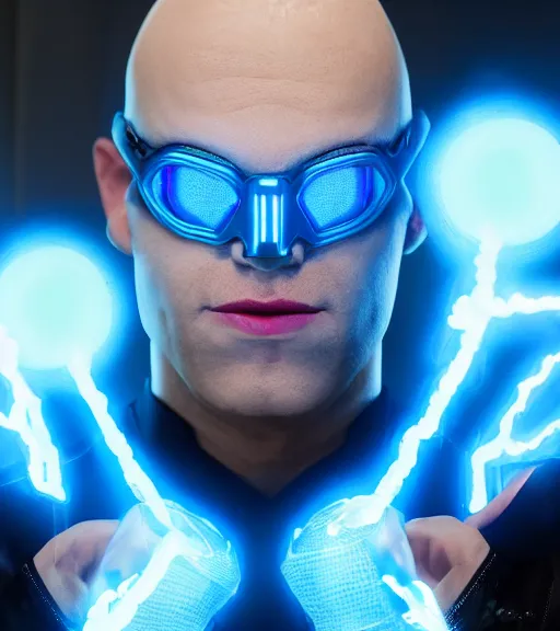 Image similar to bald albino man wearing silver goggles and an electric blue super hero suit, generates lightning from his hands, sharp, trending on artstation, unreal engine, octane render, cgsociety, artgerm, award - winning, focus, highly detailed