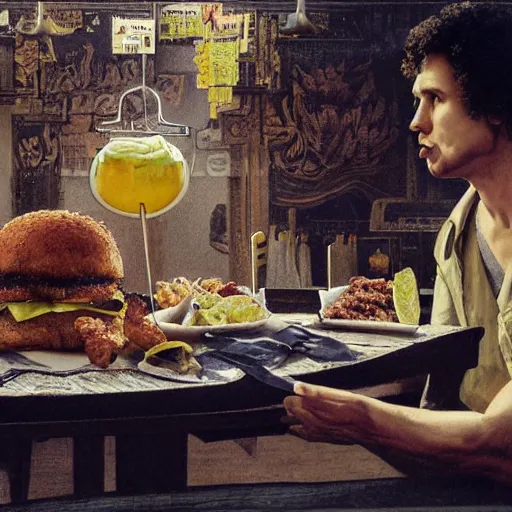 Prompt: 1980s Fast Food commercial photograph of a dish made with lemons, crispy chicken, fried pickles and jalepenos, Lemon sauce dripping over it, in the style of greg rutkowski, symetrical,oryantalist, photo realistic, 8k, epic, ultra detailed, by Gustave Doré, by Marco Turini, by Artgerm, Deviantart in the style of Tom Bagshaw, Cedric Peyravernay, Peter Mohrbacher by William-Adolphe Bouguereau, by frank frazetta, symetrical features, joyful