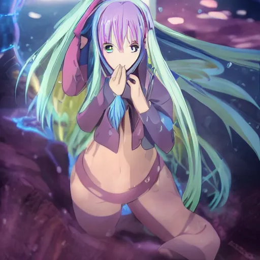 Prompt: rimuru tempest from that time i got reincarnated as a slime, with long blue hair in a ponytail, with bangs, pale skin, yellow eyes, fully clothed in red robes, highly detailed, 8 k, octane render, professional portrait, realistic, rainy window, volumetric lighting, water droplets frozen in time, sprites, god rays,