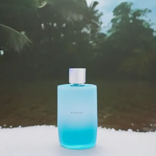 Image similar to perfume bottle standing in splashing tropical sea foam, surrounded by leafy trees, light pastel blue sky and clouds in the background, softly - lit, soft - warm, zen, light, modern minimalist f 2 0 clean