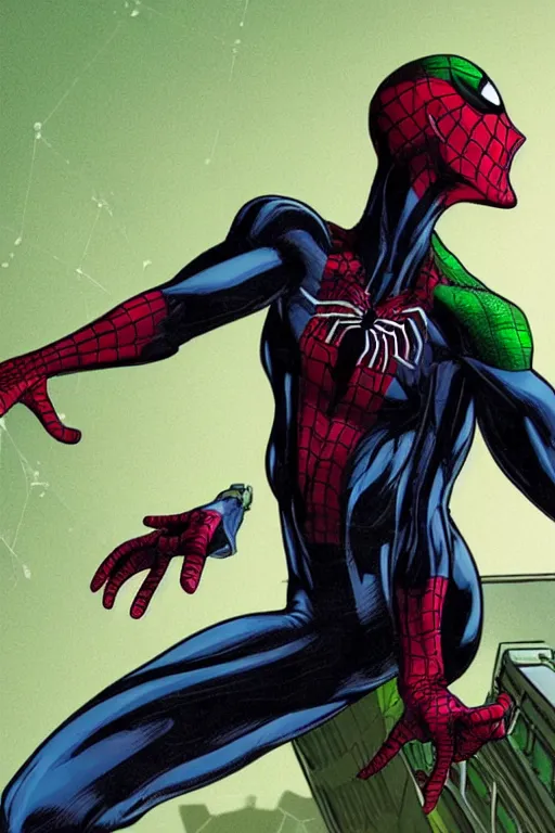 Image similar to a cross between spider man and green goblin