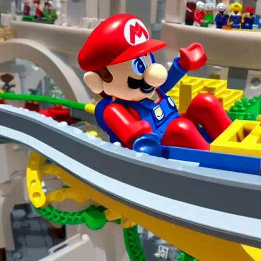 Image similar to a photo of realistic plumber mario in a roller coaster, lego mini figures