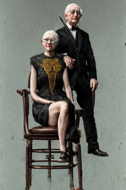 Prompt: a beautiful ultradetailed fine art old vintage couples portrait photo of cyborgs sitting on a chair and standing, by tom bagshaw, couples portrait, vignette, 35mm lens, golden ratio composition, studio photography, very detailed, artstation, 8k, highly coherent