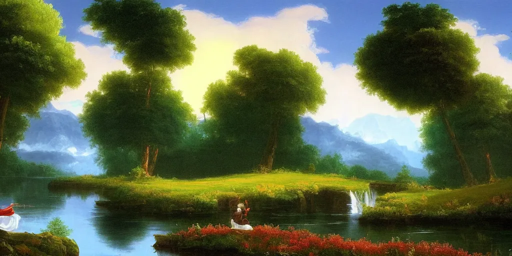 Image similar to bob ross painting a picture in the style of thomas cole