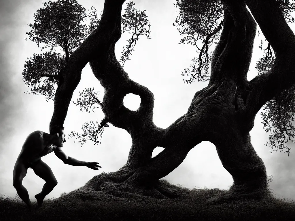 Prompt: award - winning photo of a man transforming into a tree, chiaroscuro, awe, terror, beauty