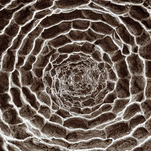 Prompt: inorganic beings of the realm of penumbra tuberous immense physical mass with many openings and pores i was almost touching it gigantic sponge porous and cavernous looks rough and fibrous dark brownish in color poriferous countless smooth geometric shaped tunnels going in every direction dream atmosphere