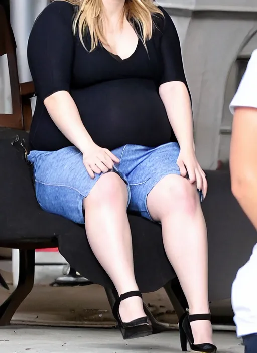 Prompt: chonky chubby kristen bell sitting with her fat belly and love handles sticking out of her shirt