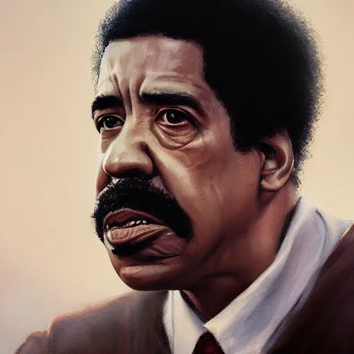 Image similar to closeup portrait of richard pryor, dramatic lighting, city background, chiaroscuro, high detail, painted by greg rutkowski, painted by igor kieryluk, painted by bobby chiu, trending on artstation