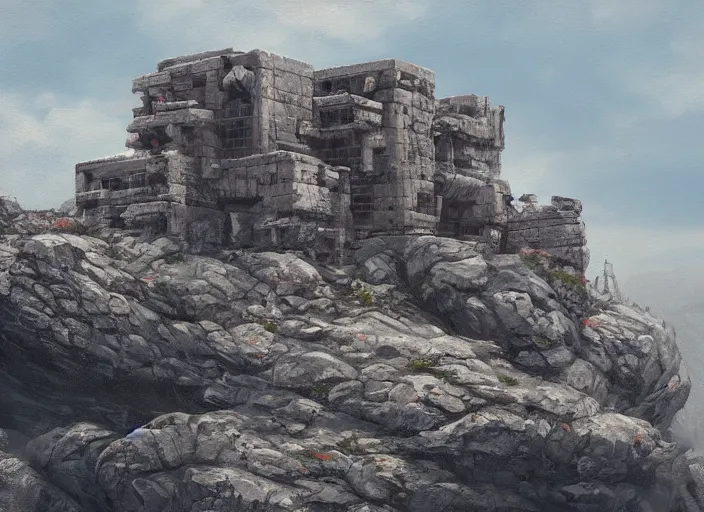 Image similar to concept art of brutalist big house on cliffs, hard rocks, oil painting by jama jurabaev, extremely detailed, brush hard, artstation, for aaa game, high quality, brush stroke