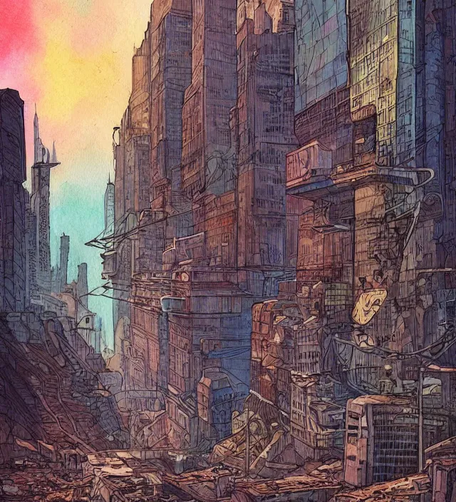 Image similar to a watercolor ink painting of a post - apocalyptic new - york underground in the style of jean giraud in the style of moebius trending on artstation deviantart pinterest detailed realistic hd 8 k high resolution