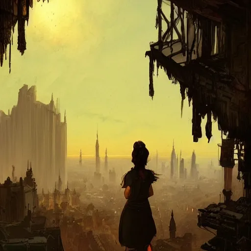 Image similar to a girl looks over a city at sunset, the city is a sprawling medieval city that is built amidst decaying brutalist alien architecture and overgrown by the rainforest, rpg, hubert robert, cityscape, vista, dying earth