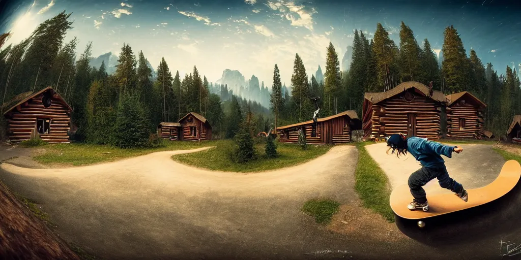 Prompt: a detailed beautiful matte painting of a skateboarder, kick flip, pilgrim village setting, log homes, dirt road, trees by Mikko Lagerstedt and Raphael Lacoste, graffiti by Fintan Magee, fisheye lens,