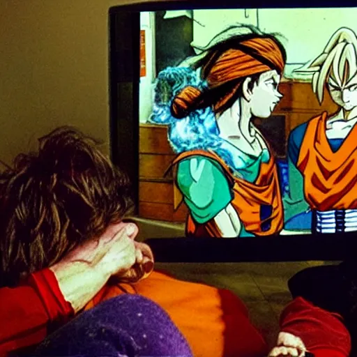 Prompt: scottish hippy being forced to watch dragon ball z, crt television, eyes kept open, not allowed to blink, the girlfriend eagerly explains the convoluted plotline