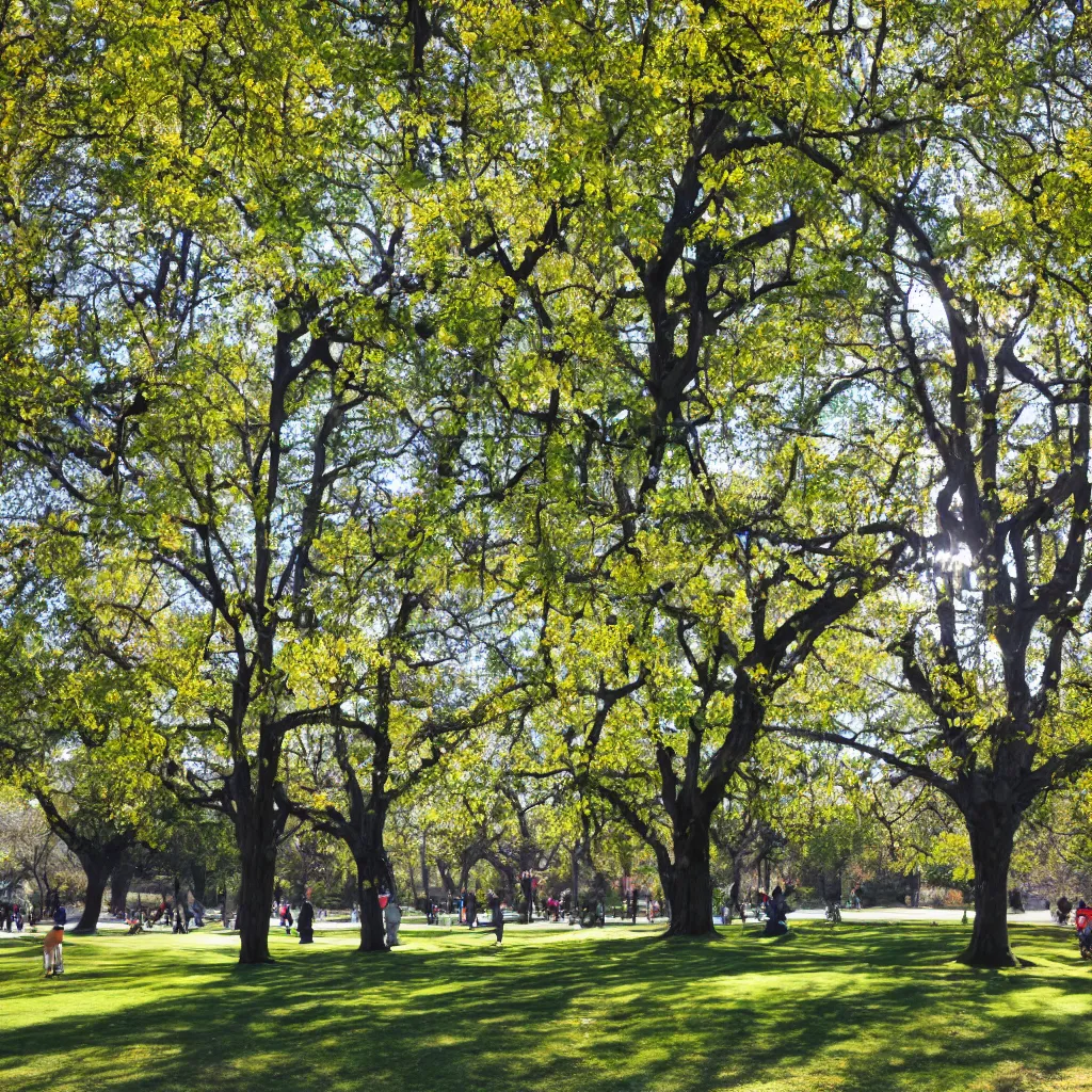 Image similar to a bright sunny weekend day at the park