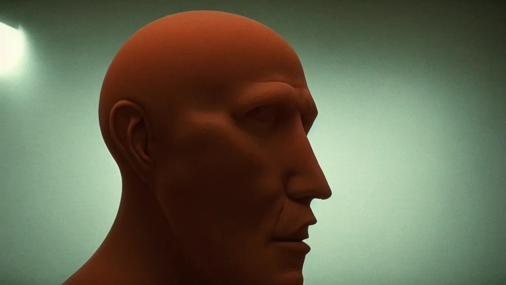 Prompt: the giant human head made of wax, film still from the movie directed by Denis Villeneuve with art direction by Zdzisław Beksiński, wide lens