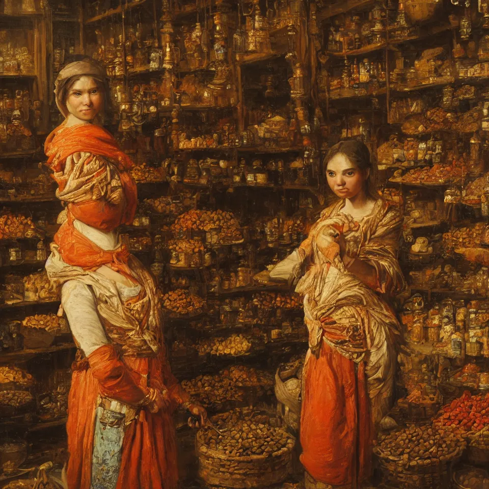 Image similar to young woman standing in a spice market at night by johann mongels culverhouse, oil on canvas, masterful intricate artwork, high detail 8 k