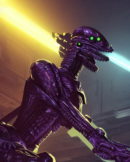 Image similar to Sci-Fi Lizard alien, armored, art by Kashin, Wadim, Martinière, Stephan, holding rifle, sharp focus, pitch black Spaceship hallway background, heroic pose, sci-fi horror artwork, octane render, dead space artwork, cyberpunk, horror, soft purple glow, warm light, arnold render, volumetric lighting, 8k high definition, highly detailed, trending on art Station, by Greg Rutkovski, magic the gathering artwork, centered, horror, sci-fi artwork